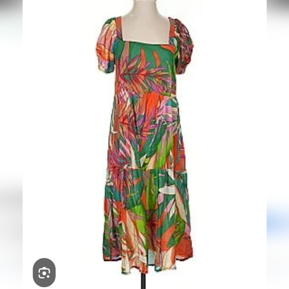 True Destinations Colorful Tropical  Puff Sleeve Tiered Midi Dress sz L